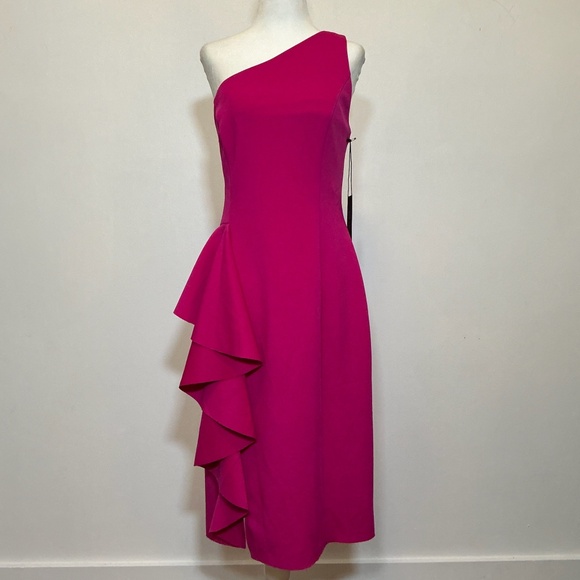 Rachel Zoe One-Shoulder Cascade Ruffle Midi Dress in Fuchsia Pink Size 12 NWT - Picture 3 of 10